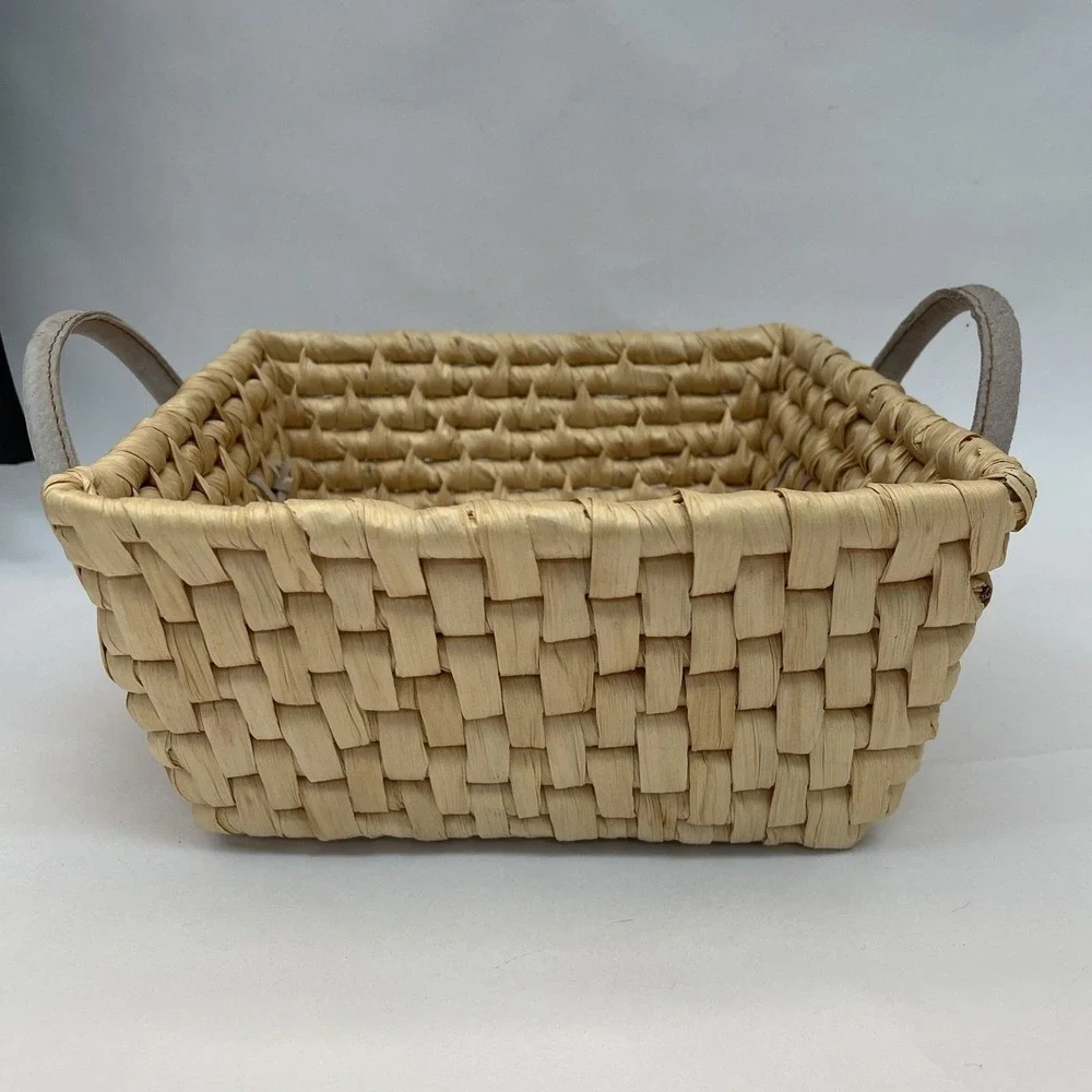 Natural Square Wicker Woven‎ Basket with Handles Leather 10